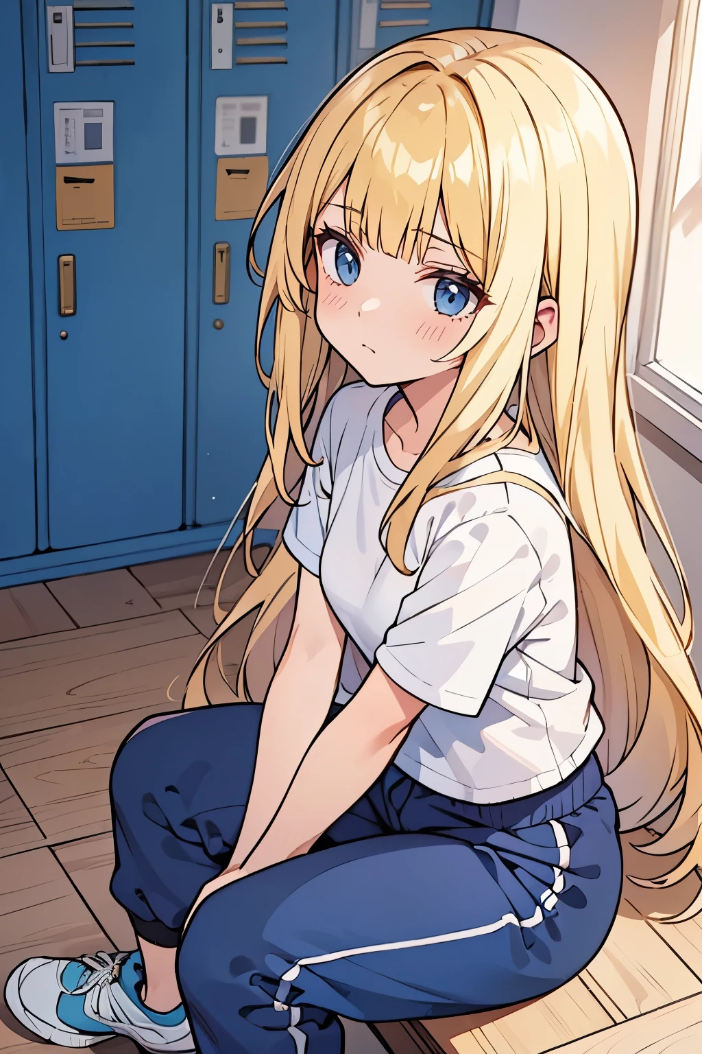Young adult girl, best quality, 1 girl, female figure, yellow hair, blunt bangs, extra long hair, crystal blue eyes, golden blonde hair, cowboy shot, voluminous disheveled hair, wavy hair, cute girl, (medium small breasts), (young female body: 1.4) sitting knees up, embarrassed girl, looking from above, pressing legs together, humiliated expression , insecure, school gym, school gym uniform, dark blue long jogging pants, white tshirt, oversized white t shirt, sitting on the floor, back pressed against locker, knees up, squatting, crouching down, blue trainer shoes, hugging knees, arms around legs, school locker room