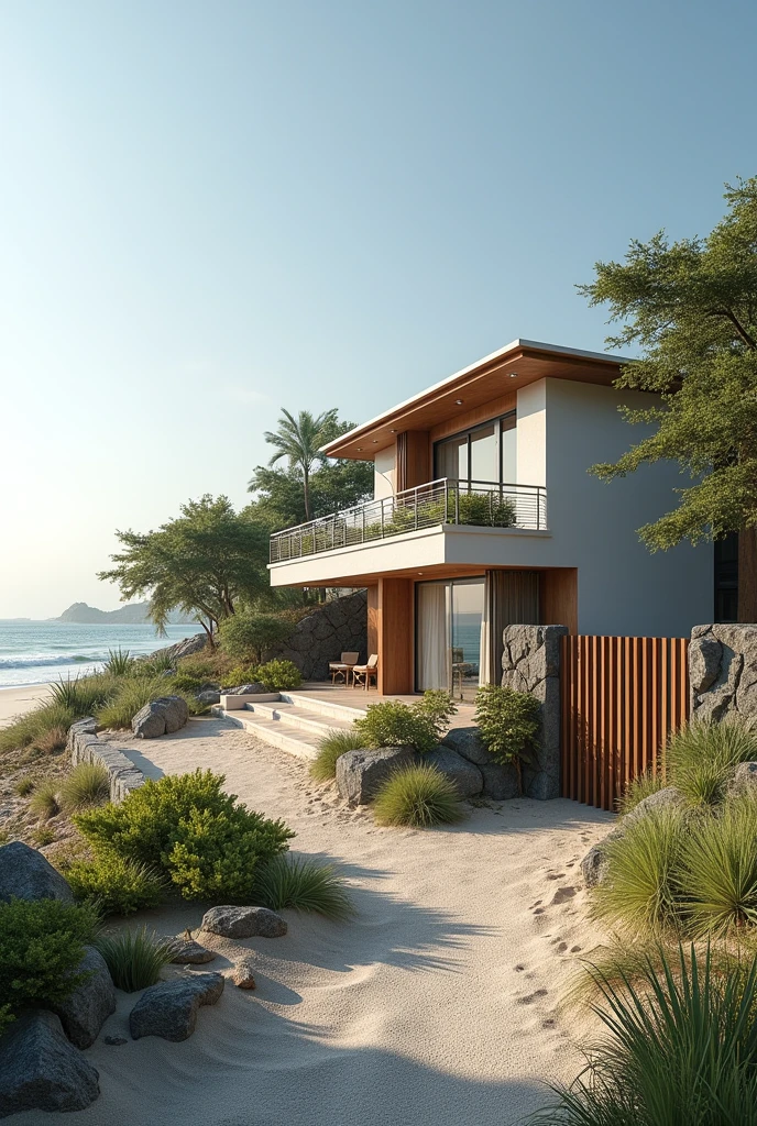 the site should have a holiday villa. This is a site in the beachside.the beach side should be in the left side of the villa.add a gate too. add a prpoer drainage path to the site and I want you to add a gate and a wall around the site.the site is a rectangular type i want to design the stormwater management for this site.want to include followings,Control the Path and Velocity of Runoff -Runoff Channels: Create shallow channels to direct runoff towards designated areas away from the beach, reducing erosion risk. Stabilize Soils in Flat Areas - Erosion Control Measures - Vegetative Cover: Quickly establish native vegetation on disturbed areas to hold soil in place. Prevent Air Pollution from Dust and Particulate Matter Dust Control Measures: - Water Spraying: Regularly spray water on exposed soil and construction areas to minimize dust. - Windbreaks: Install temporary windbreaks or solid barriers around the site to reduce dust dispersion. - Vegetative Cover: Establish temporary vegetative cover on disturbed areas quickly to reduce dust.