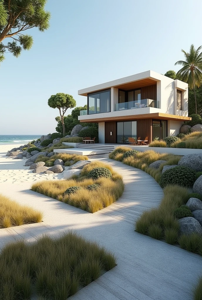 the site should have a holiday villa. This is a site in the beachside.the beach side should be in the left side of the villa.add a gate too. add a prpoer drainage path to the site and I want you to add a gate and a wall around the site.the site is a rectangular type i want to design the stormwater management for this site.want to include followings,Control the Path and Velocity of Runoff -Runoff Channels: Create shallow channels to direct runoff towards designated areas away from the beach, reducing erosion risk. Stabilize Soils in Flat Areas - Erosion Control Measures - Vegetative Cover: Quickly establish native vegetation on disturbed areas to hold soil in place. Prevent Air Pollution from Dust and Particulate Matter Dust Control Measures: - Water Spraying: Regularly spray water on exposed soil and construction areas to minimize dust. - Windbreaks: Install temporary windbreaks or solid barriers around the site to reduce dust dispersion. - Vegetative Cover: Establish temporary vegetative cover on disturbed areas quickly to reduce dust.