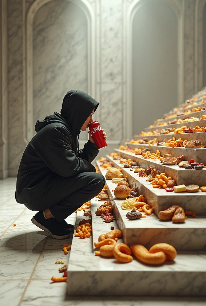 Someone drinking Coca-Cola crouched with marble steps in front of them with junk food on each one, The stairs in profile perspective