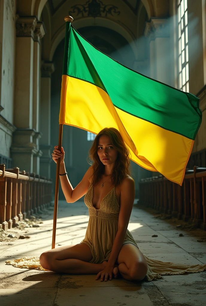 8k (photo realist) 1 girl wearing a long, ripped dress, posing sensually and showing off her legs, holding a green and yellow flag, sitting on the floor of the old abandoned church
