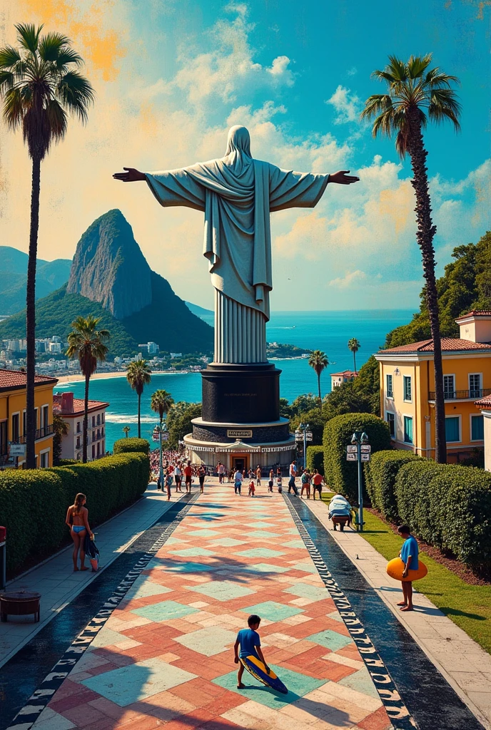Create graffiti that represents Rio de Janeiro, with an image of Christ the Redeemer, with the Copacabana sidewalk, surfing
