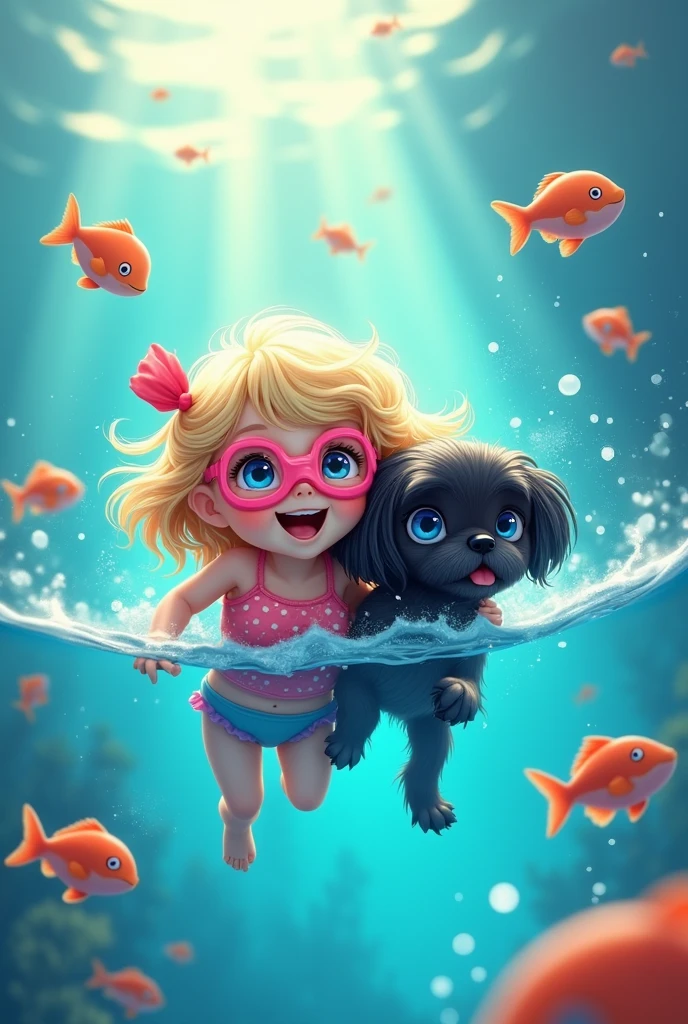 Black shih tzu puppy, cute blonde girl swimming wearing goggles and floaties, swimming with animated images of fishes