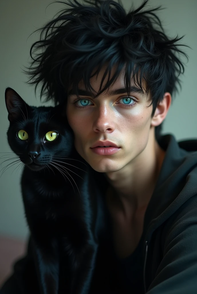 A teenage white male with black hair and heterochromatic eyes, one blue and the other green, with a black cat with heterochromatic eyes, one blue and the other green.