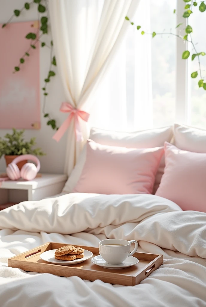 A white bedroom with a large fluffy blanket Light pink, two white pillows are placed on it, and two more pink pillows with little bows are placed on them. The decor is Coquette style On the bed was a tray with a plate of cookies and a cup of coffee Placed on a wooden tray. The window had white curtains decorated with a light pink bow. Next to it was a laptop with a movie open and a light pink headphone. On the walls are light pink posters and some fake ivy decorations.