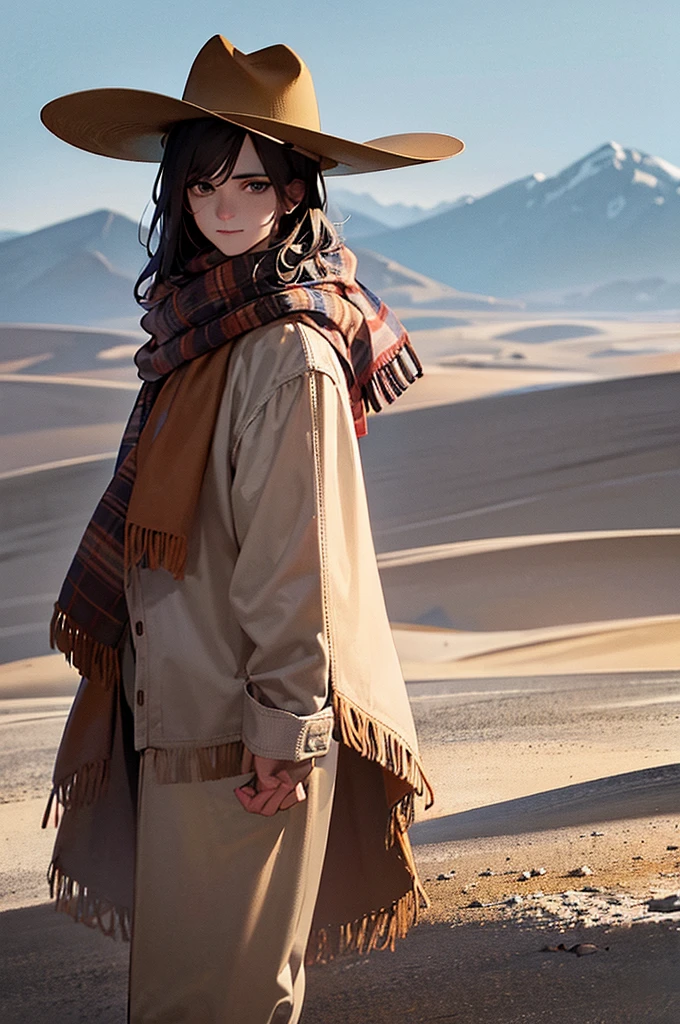 Create A MAN depicting him wearing a cowboy hat, a fringed shirt and a scarf, standing backwards . Place HIM in a desert landscape with mountains in the background and sparse vegetation,