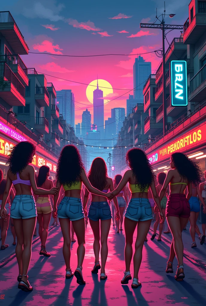 CREATE A PIXEL ART OF an image where we have a city with a socialist future in the communities of Brazil,where is the funk party taking place?, and whoredom. women dancing in short clothes