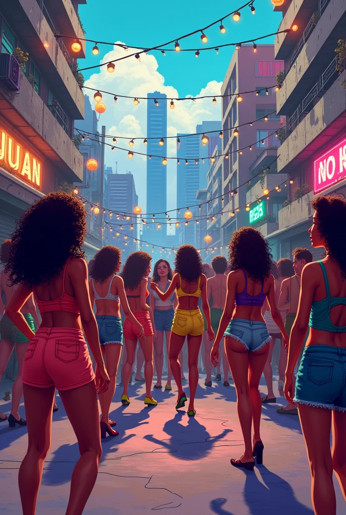 CREATE A PIXEL ART OF an image where we have a city with a socialist future in the communities of Brazil,where is the funk party taking place?, and whoredom. women dancing in short clothes