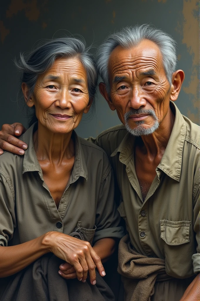 A group photo of a 70-year-old Chinese man and a woman,On the right is an elderly man around 70 years old,Face emaciation,without a beard,Good facial features,Symmetrical facial features,The ears are symmetrical and clear,Ultra-clear and realistic facial features,With a black plush hat on his head,Hat coordination,The elderly man wears a black military attire,The clothes have two pockets,Pocket symmetry,The texture of the clothes is clear,Ultra-clear texture,Camera shooting effect,Light and shadow are natural,Symmetrical clothes,The collar is symmetrical and coordinated,Ultra-clear realistic 8K,On the left is an elderly lady who is about 70 years old,Wearing traditional Chinese slanted clothes,Very detailed eyes and face,hyper-detailing, High definition, Very detailed, Best quality, Masterpiece, , Realistis, Real,Grassy in the background,There are woods,,There are clouds and blue sky, 8K wallpaper,Background details for foreground objects (Masterpiece: 1.2) (Photorealistic: 1.2) (Bokeh: 1.2) (Best quality) (Color grading) (Detailed skins: 1.3) (complex) (8K)(Movie lighting: 1.3) (Sharp focus), Glossy glossy skin, Front-facing Ultra HD, Digital SLR, Soft lighting, High quality, Skin texture, filmgrain, Close up, 超高分辨率,
