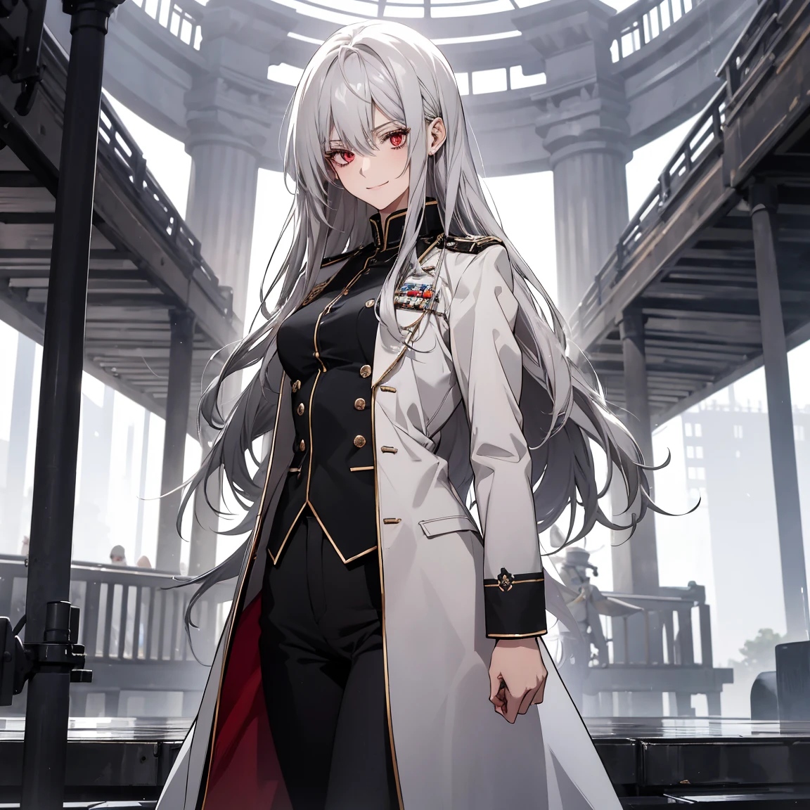 (Confused, High resolution, Very detailed), 1 female, Silver Hair,Long Hair,Bright red eyes,White and black military uniform,24th generation,beauty,mature,thin,quiet,Calm,A small smile,A kind smile,In front of people you like,Long coat,Slender and thin,boots,skinny pants,observatory,Small breasts,