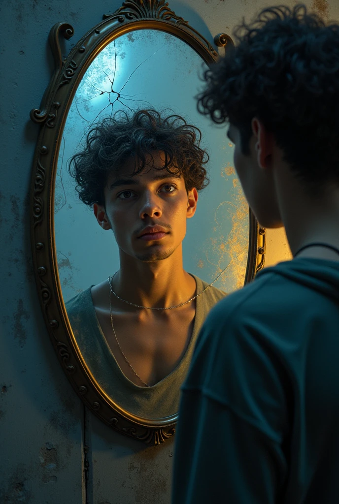 Este prompt es claro y preciso, capturando todos los detalles que querías incluir. Aquí está en inglés:
### English:
"Create a dark, moody scene featuring a young, light-skinned man with curly, frizzy hair standing in front of a cracked mirror. His reflection shows two sides: one glowing with a soft, golden light, symbolizing his true self, and the other shadowed, representing the persona society expects him to be. The background is urban, with crumbling walls and dimly lit streets, conveying a sense of decay and struggle. The colors should be muted, with deep blues, grays, and touches of gold. In the reflection, faint digital symbols, like likes and numbers, float around, emphasizing societal pressures. The young man is dressed in streetwear, looking determined yet conflicted. Above the mirror, the word 'Gemini' is inscribed, and below 'Gemini,' the word 'RHAYNOPG' is written in a smaller, ornate gothic font."
This version keeps both "Géminis" and "RHAYNOPG" on the mirror, with "RHAYNOPG" appearing smaller beneath "Géminis," as you described.