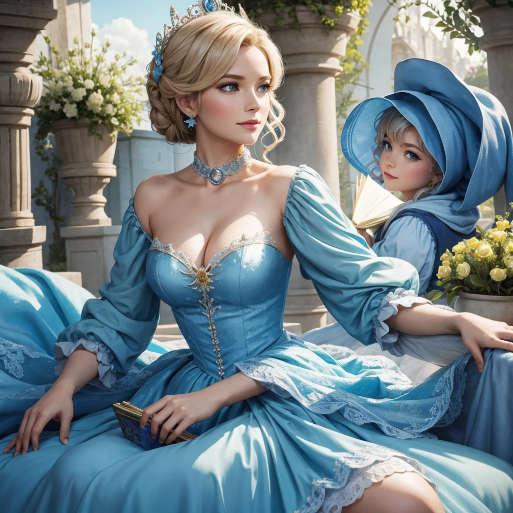 The fairy godmother, depicted as a sassy and stylish woman, gives Cinderella a thumbs-up and a wink.