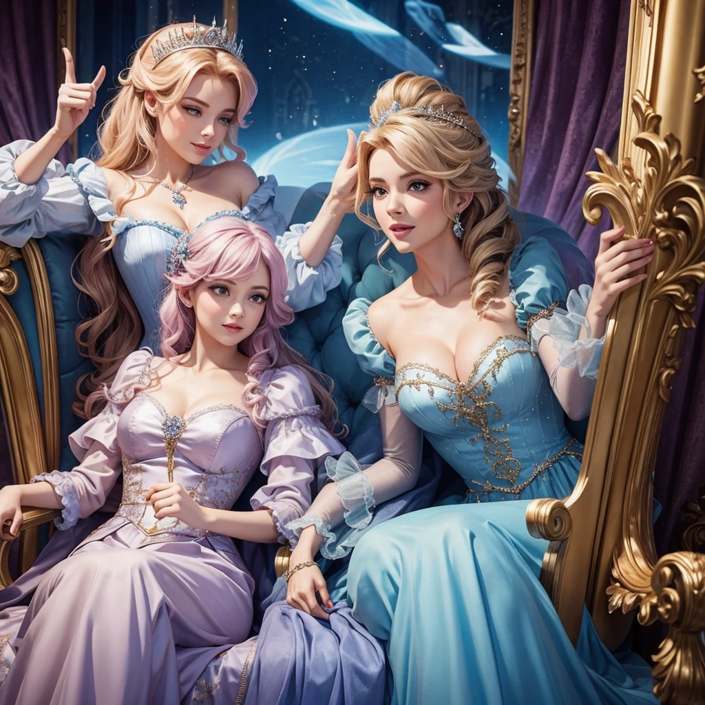 (masterpiece, best quality:1.5), highest quality, High resolution, super detailed, Realists, Upper body photo of a blonde sorceress, detailed and beautiful eyes, beautiful detailed lips, very detailed eyes and face, longeyelashes, shiny satin dress, Holding a wand in your hand and performing a transformation spell, Magic wands present and shiny, Beautiful and colorful makeup, elegant and noble々The jewelry bag, Gardens as background, soft daylight, bright colors, fine brushstrokes, Portrait style, Silk dress fabric, beautiful color palette, glowing skin, First-class rendering, that captures every detail, enchanting atmosphere, subtle shadows and lights, (perfect anatomy:1.2), (The two stunning sorceresses transform cats into dresses (a transformation with the magic wand:1.4), (magnificent panorama view:1.2)