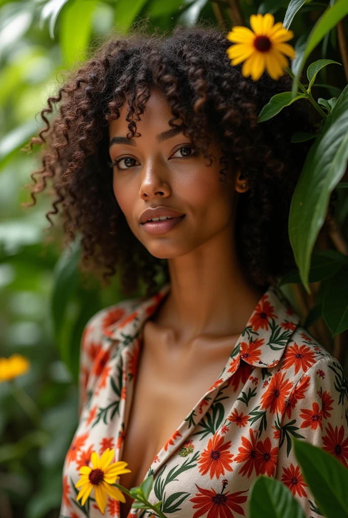 A Brazilian woman in a lush tropical garden, wearing an open shirt with a floral print, with a close-up capturing the harmonious beauty between her breasts and the natural flowers, showing off your natural charm and outgoing personality.