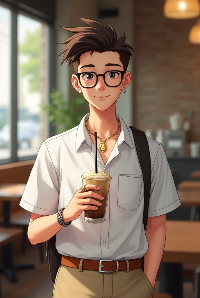 A picture of a 13-year-old boy, 155cm tall. A well-proportioned body, not overweight or thin.  A high side part hairstyle with a right side part. Wearing a gold rabbit head pendant necklace with diamonds, the chain should not be too thick. Wearing a wristwatch. Wearing a gold diamond ring on the left ring finger. Wearing a checkered bracelet on the right wrist. Wearing square-shaped glasses with half-rimmed black frames. Wearing a school uniform with a white shirt, khaki pants, brown sneakers, and a brown belt. Holding a blended drink, the background is a cafe.