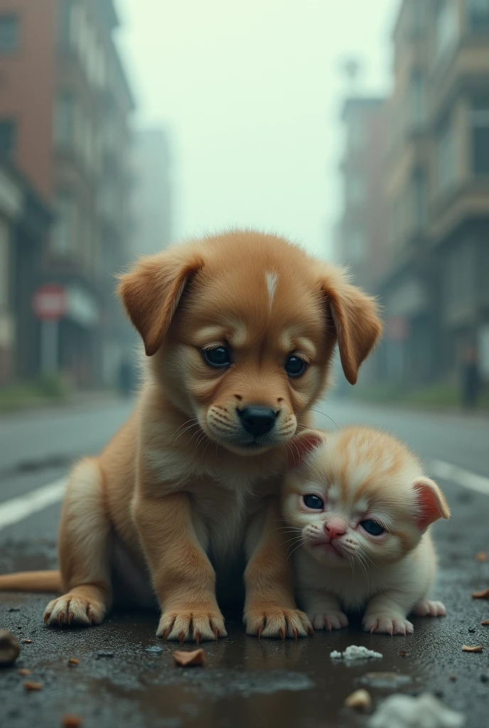 Abandoned puppies and kittens on the street and sad and crying on the highway avenue crying
