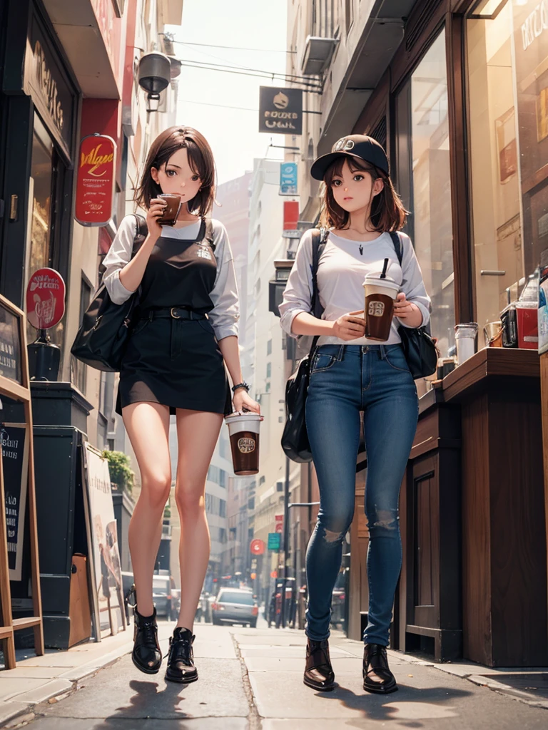 high resolution,Perfect Anatomy,Accurate anatomy,I'm holding an iced coffee and drinking it.,one person's,Trending Hairstyles,Trendy hair color,Trending fashion,((White Background)),Various poses,smile,はにかむsmile,恥ずかしそうなsmile