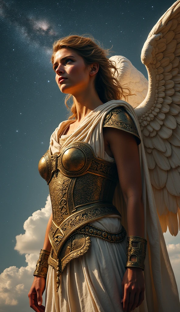 A very beautiful angel wearing ancient Roman-style bronze armor, Starry Sky, With the Parthenon in the background, Cinematic lighting