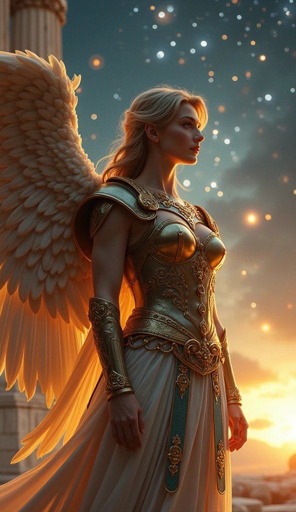 A very beautiful angel wearing ancient Roman-style bronze armor, Starry Sky, With the Parthenon in the background, Cinematic lighting