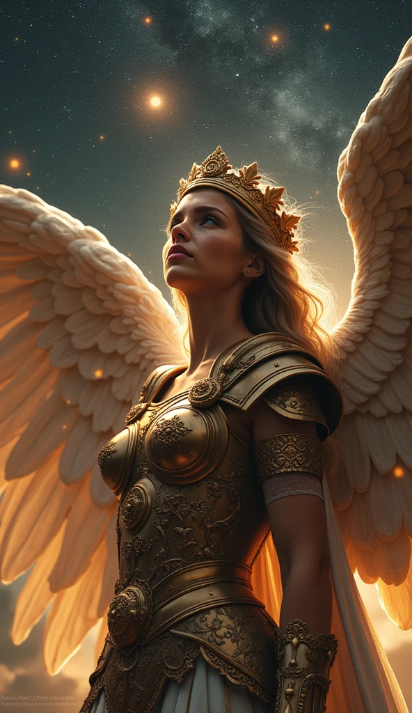 A very beautiful angel wearing ancient Roman-style bronze armor, Starry Sky, With the Parthenon in the background, Cinematic lighting
