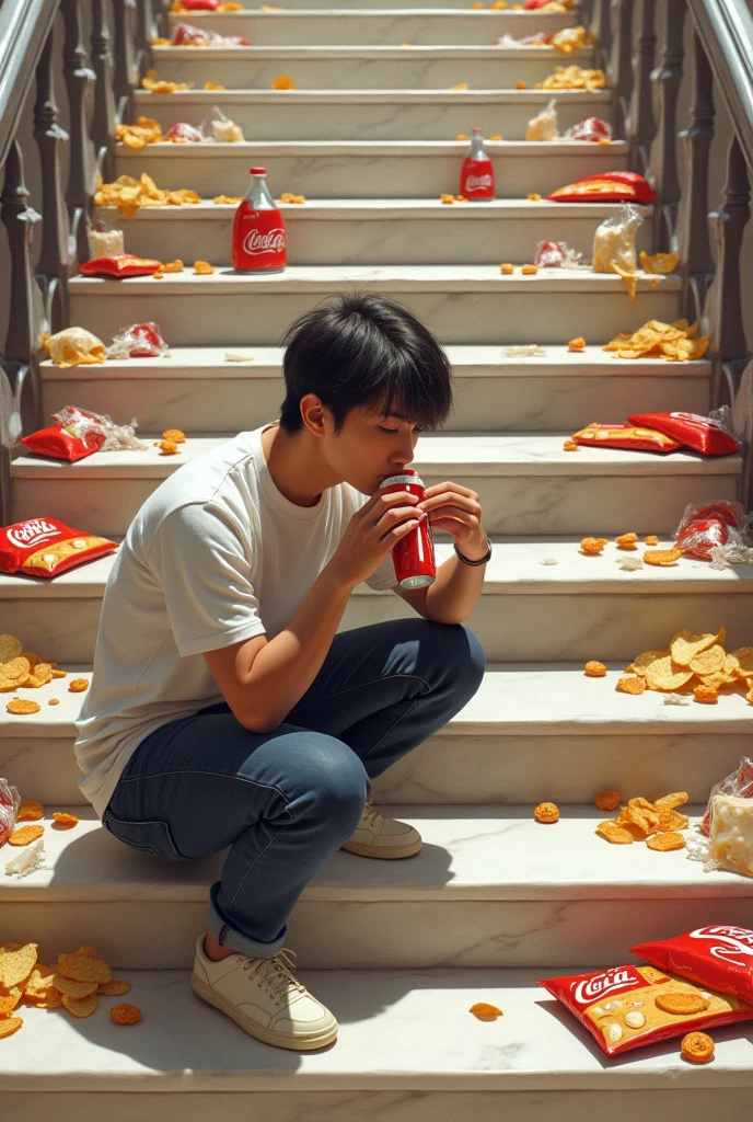 someone drinking cocacola crouched with marble steps of 50 cm each in front of them, with junk food on each, The stairs in profile perspective