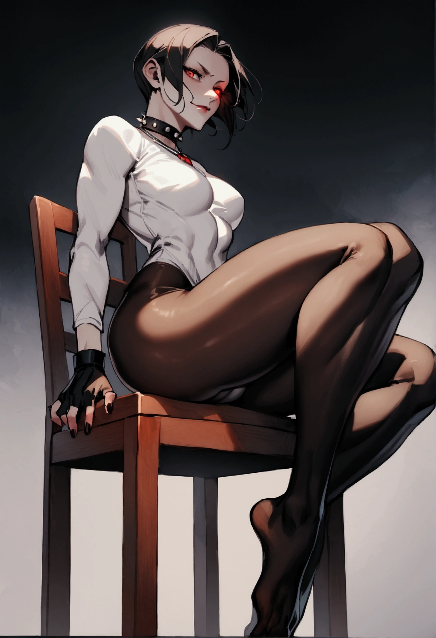 fully body,sitting on a chair,crossed legs, alone,short hair,work of art,face detailed,young fitness linda,Wearing black pantyhose,tight white sweater with collar ,neckleace,evil smile,red eyes glowing,labiaa,eye shadow,bangs on the eyes,,sexy ass,Perfect Anatomia,closed fists,black gloves
