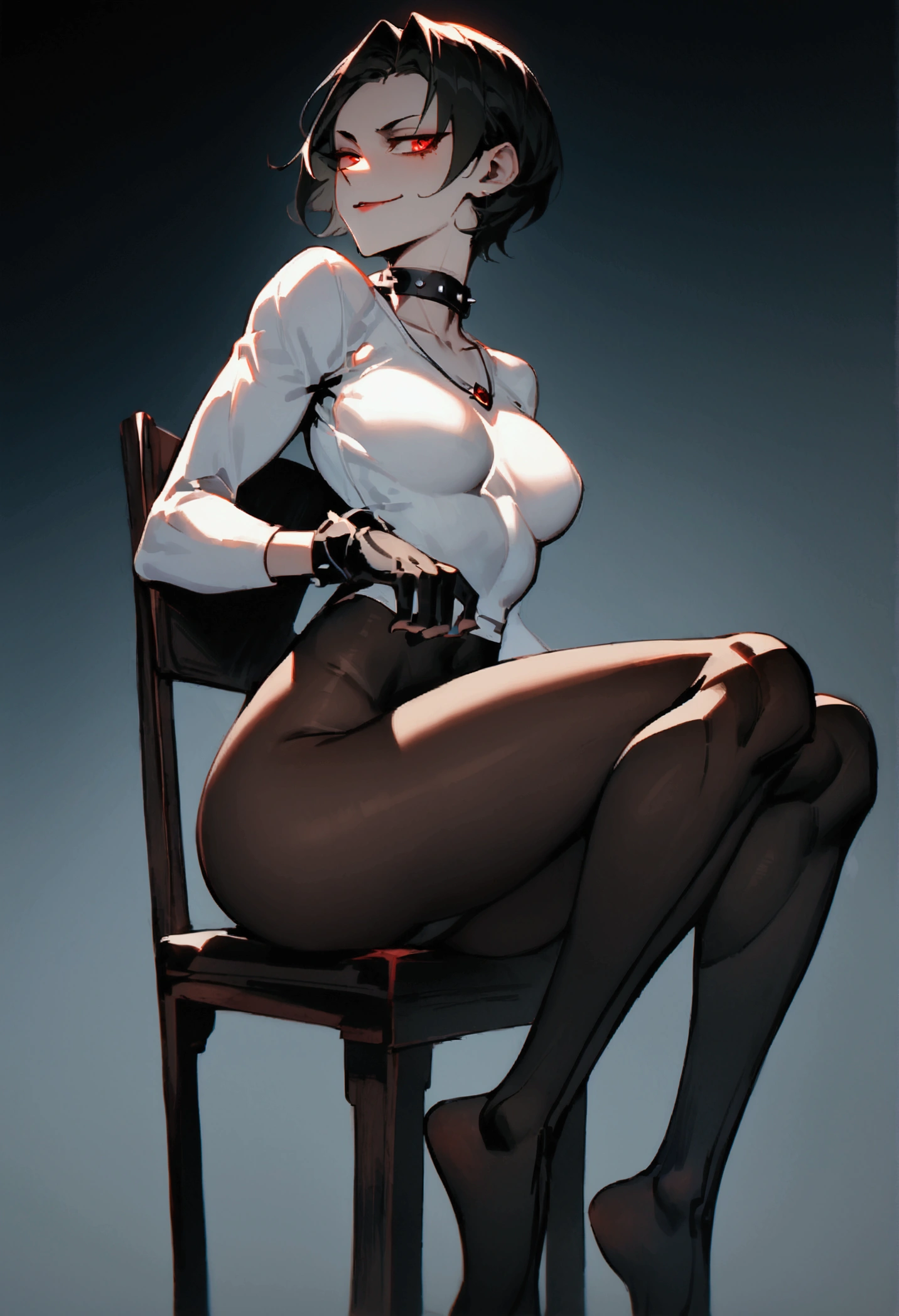 fully body,sitting on a chair,alone,short hair,work of art,face detailed,young fitness linda,Wearing black pantyhose,tight white sweater with collar ,neckleace,evil smile,red eyes glowing,labiaa,eye shadow,bangs on the eyes,,sexy ass,Perfect Anatomia,closed fists,black gloves
