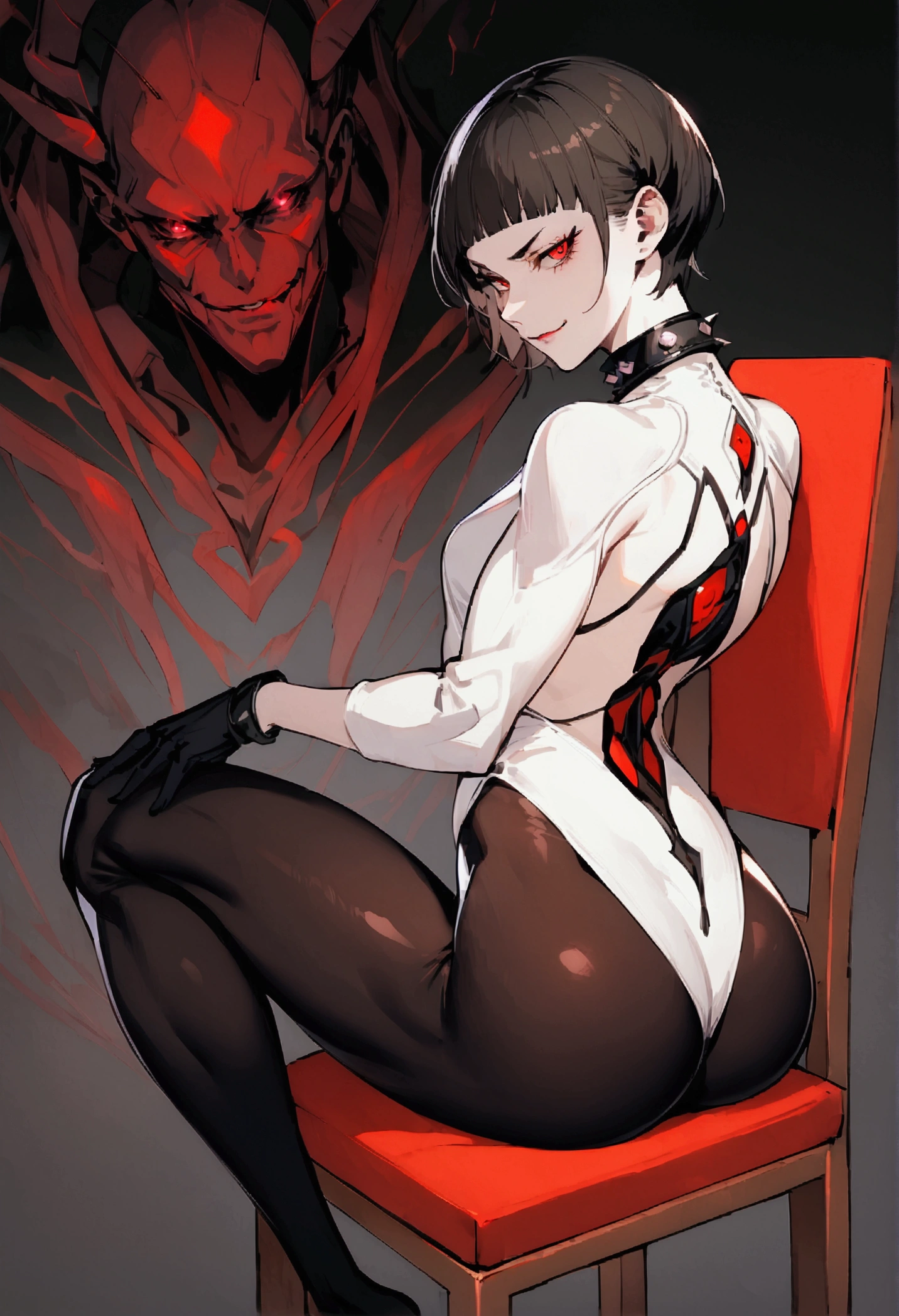 fully body,sitting on a chair,alone,short hair,work of art,face detailed,young fitness linda,Wearing black pantyhose,tight white sweater with collar ,neckleace,evil smile,red eyes glowing,labiaa,eye shadow,bangs on the eyes,,sexy ass,Perfect Anatomia,closed fists,black gloves
