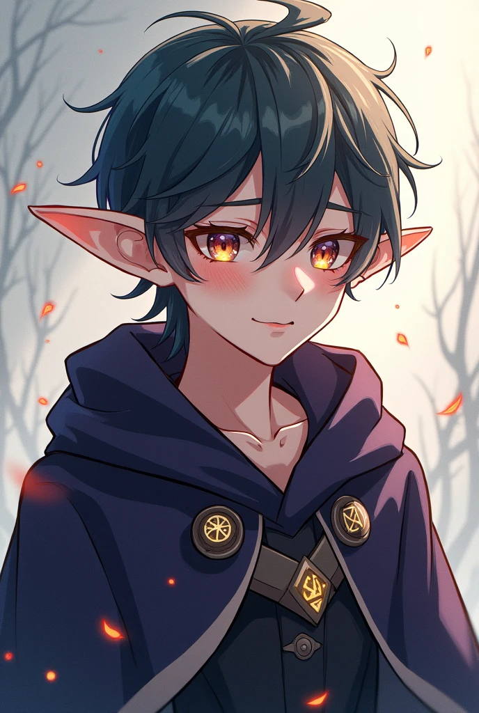 Tsundere Young male adult elf sorcerer blushing at the viewer, anime style