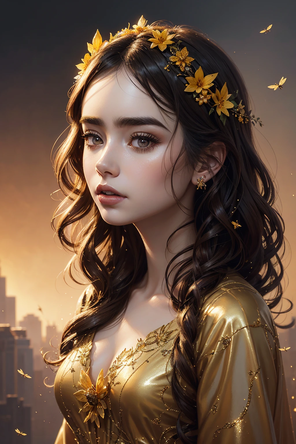 portrait Lily Collins, wearing bee costume, against the sky, character portrait, 9 9 9 0 s, curly hair, intricate, elegant, highly detailed, digital painting, artstation, concept art, smooth, sharp focus, illustration, art by wlop, charlie bowater and alexandra fomina, 36k, glittering, shining