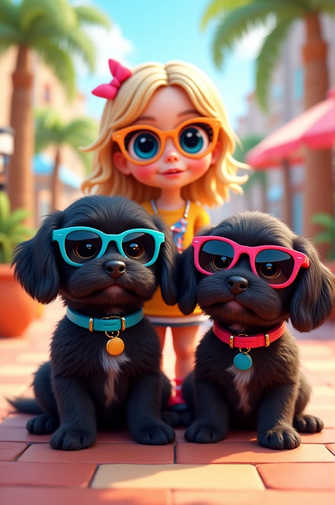 2 cute black shih tzu puppies with big blue eyes wearing colorful collars and sunglasses, a cute blonde girl with big blue eyes wearing sunglasses with stylish clothes