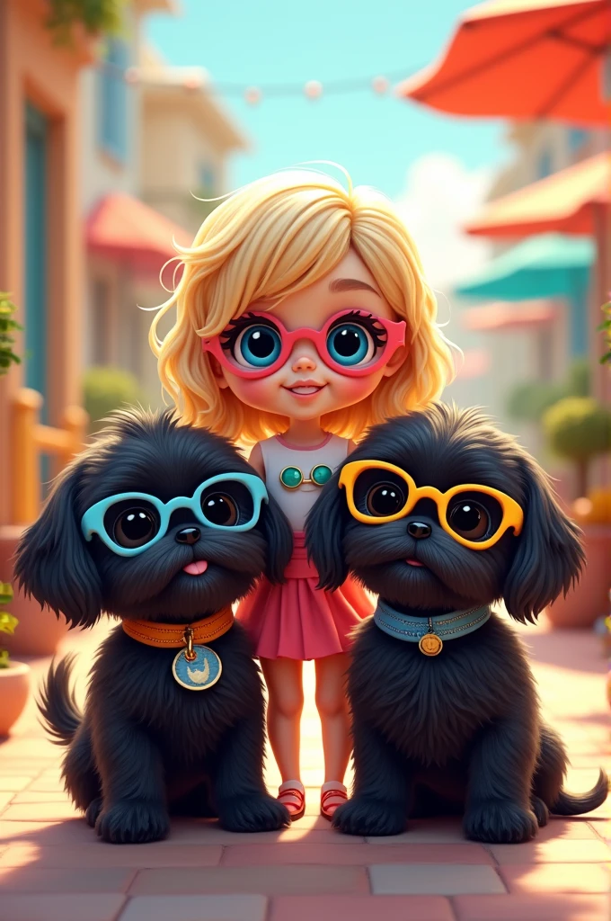 2 cute black shih tzu puppies with big blue eyes wearing colorful collars and sunglasses, a cute blonde girl with big blue eyes wearing sunglasses with stylish clothes