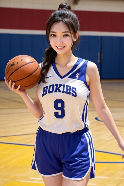 cute、Large Breasts、Slender body、Beautiful Face、、G Cup、Basketball Uniforms、Random hairstyle、During the game、Sweating profusely、Flushed Cheeks、whole body、Sweat dripping、White skin、Sweating、Basketball game、smile、Shorts、Sweating、Big Breasts