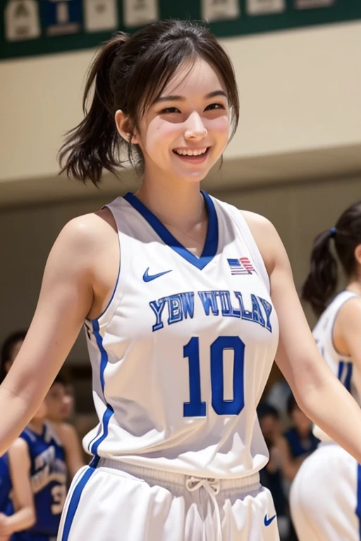 upper body,looking away,dribbling a basketball,,smile,sportswear for basketball, adorable, japanese girl, Hair brown hair,Braid, hair scrunchie, (high color saturation:1.0), highest quality, ultra high resolution, photo-realistic, Super detailed, 8K, RAW photo NSFW
