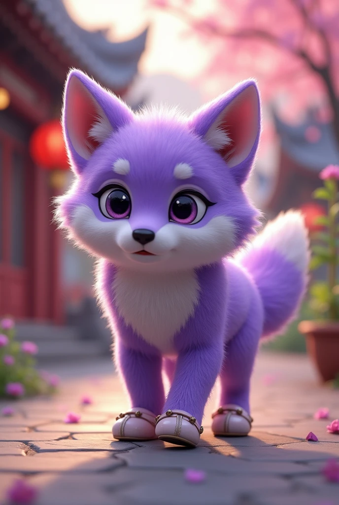 a purple wolf,Realistic and cute,Standing wolf,sideways,Wearing shoes,walking carefully,The expression is nervous,Move carefully,background chinese style