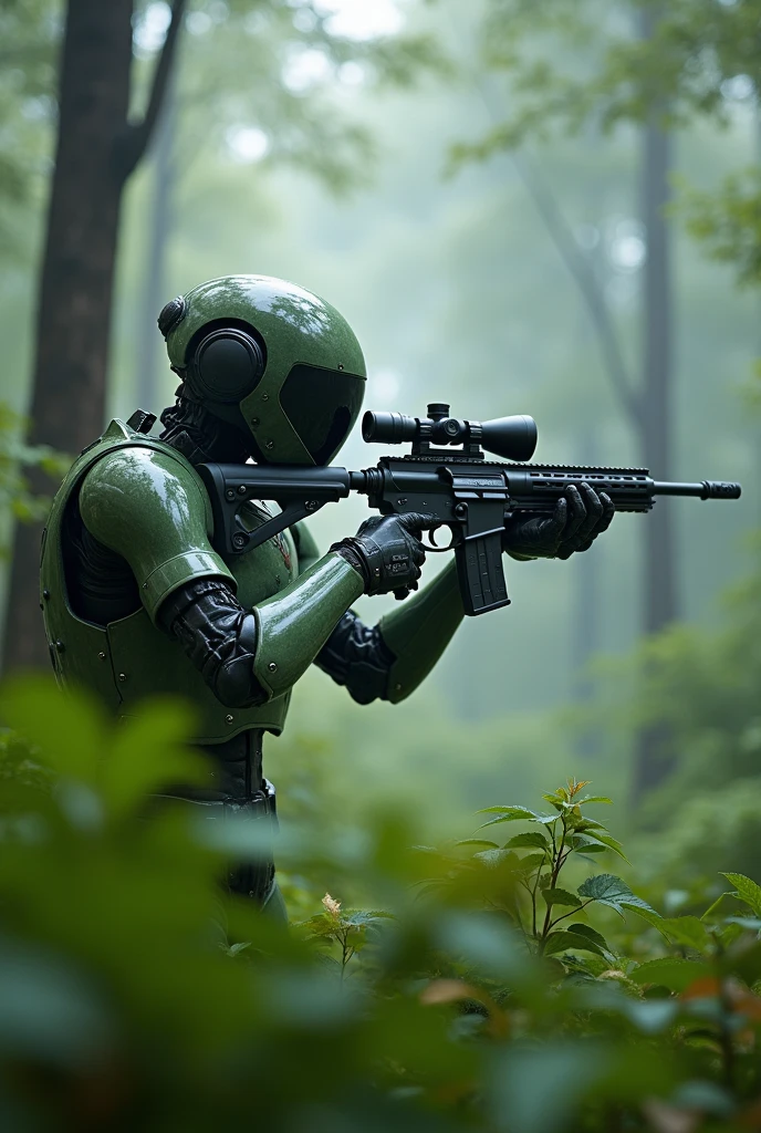 Ultra-high resolution Real photographic,A stylish ground combat robot sniping in the thickets of a forest.The robot is stylish, about human height, and completely self-supporting.Wearing forest camouflage that blends in with the forest,The head is round and stylish with goggle-type eyes.The slender body is equipped with numerous pieces of reactive armor.Holographic optical camouflage blends in with the forest.(He is holding a long-barreled sniper rifle and aiming through the scope:1.5).(Accurate SLR scope rifle),Beautiful expression of optical camouflage with holographic effect,Realistic depiction of forests,Expressing the tension during a snipe,Fog rolls in the forest,Side shot,Ultra-realistic photography,Super high resolution, super high quality,(Masterpiece Best Quality4k, 8k, :1.2)Ultra detail,Ultra-fine painting,Physically Based Rendering,Professional photography,Photos taken with a high quality camera,