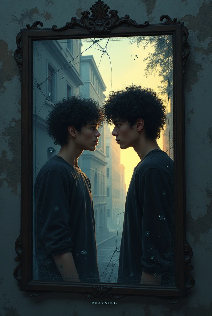 Este prompt es claro y preciso, capturando todos los detalles que querías incluir. Aquí está en inglés:
### English:
"Create a dark, moody scene featuring a young, light-skinned man with curly, frizzy hair standing in front of a cracked mirror. His reflection shows two sides: one glowing with a soft, golden light, symbolizing his true self, and the other shadowed, representing the persona society expects him to be. The background is urban, with crumbling walls and dimly lit streets, conveying a sense of decay and struggle. The colors should be muted, with deep blues, grays, and touches of gold. In the reflection, faint digital symbols, like likes and numbers, float around, emphasizing societal pressures. The young man is dressed in streetwear, looking determined yet conflicted. Above the mirror, the word 'Gemini' is inscribed, and below 'Gemini,' the word 'RHAYNOPG' is written in a smaller, ornate gothic font."
This version keeps both "Géminis" and "RHAYNOPG" on the mirror, with "RHAYNOPG" appearing smaller beneath "Géminis," as you described.