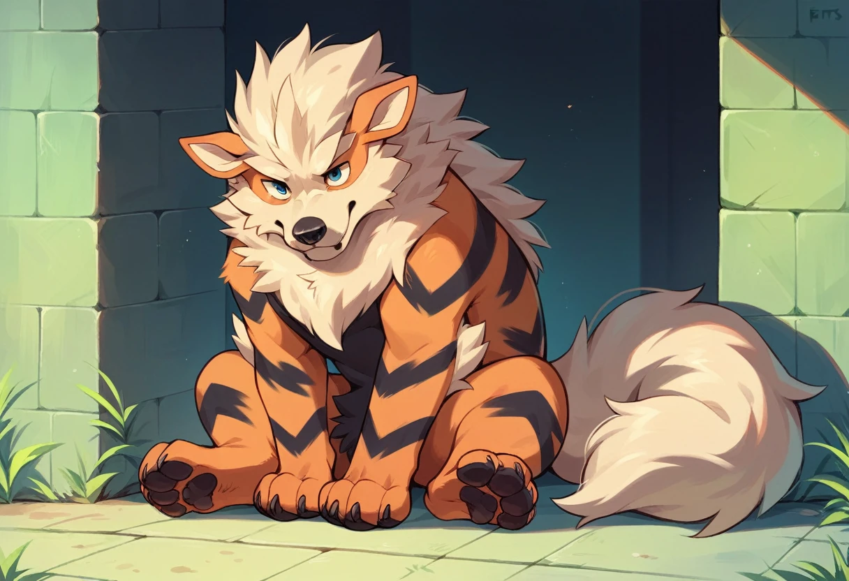 art by raptoral,by thesecretcave, arcanine, solo,(feral),sitting,spreading legs,fluffy,sheath, balls,sitting like feral dog