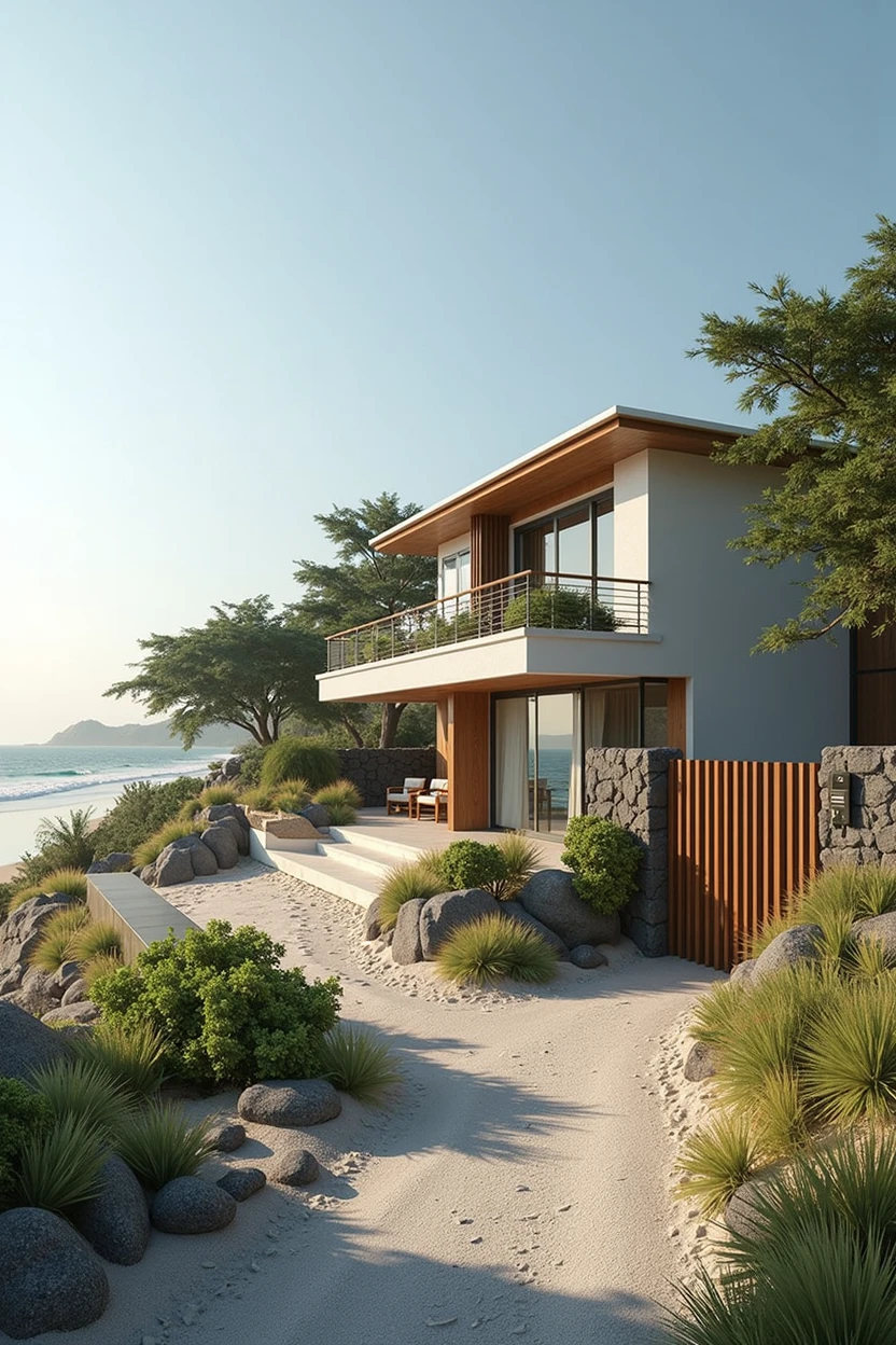 the site should have a holiday villa. This is a site in the beachside.the beach side should be in the left side of the villa.add a gate too. add a prpoer drainage path to the site and I want you to add a gate and a wall around the site.the site is a rectangular type i want to design the stormwater management for this site.want to include followings,Control the Path and Velocity of Runoff -Runoff Channels: Create shallow channels to direct runoff towards designated areas away from the beach, reducing erosion risk. Stabilize Soils in Flat Areas - Erosion Control Measures - Vegetative Cover: Quickly establish native vegetation on disturbed areas to hold soil in place. Prevent Air Pollution from Dust and Particulate Matter Dust Control Measures: - Water Spraying: Regularly spray water on exposed soil and construction areas to minimize dust. - Windbreaks: Install temporary windbreaks or solid barriers around the site to reduce dust dispersion. - Vegetative Cover: Establish temporary vegetative cover on disturbed areas quickly to reduce dust.