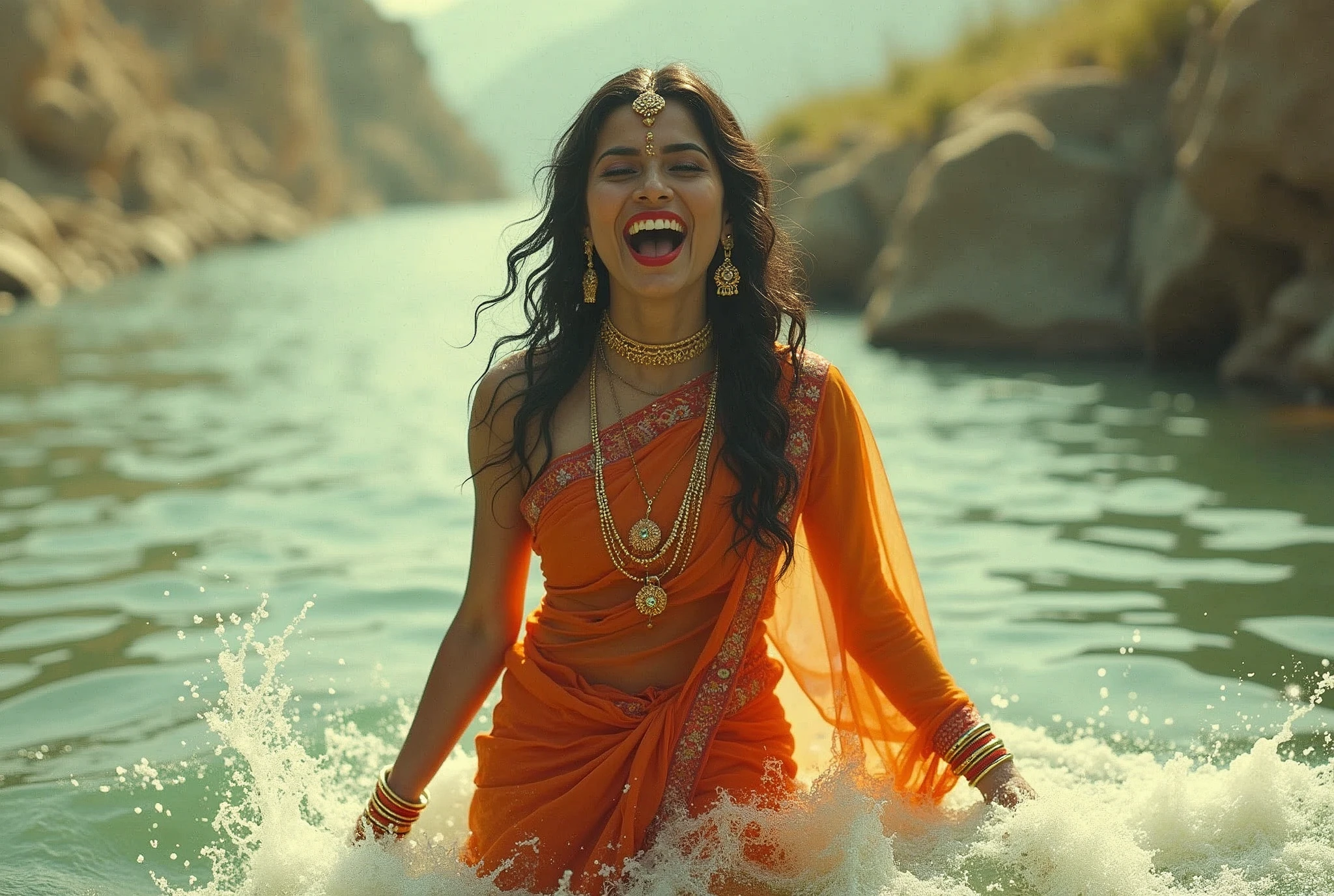 70s setting, grainy analog film, ultra-detailed, glamour artwork, conceptual art, provocative look, indian woman in jeans, playing in wide river with ecstasy, traditional accessories, abstract, orange white green, void, vivid, detailed sari, traditional makeup