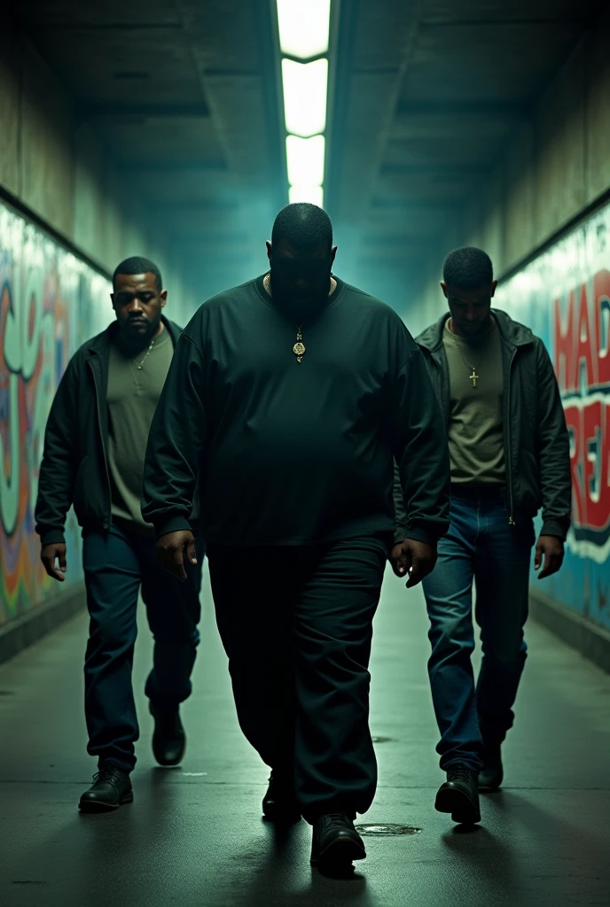 Wide and dark 90s subway passage with graffiti, 3 men whose faces are not very visible walking, one of them weighs over 130 kilos, The other 2 are thin, somewhere in the text it should say MAD RED