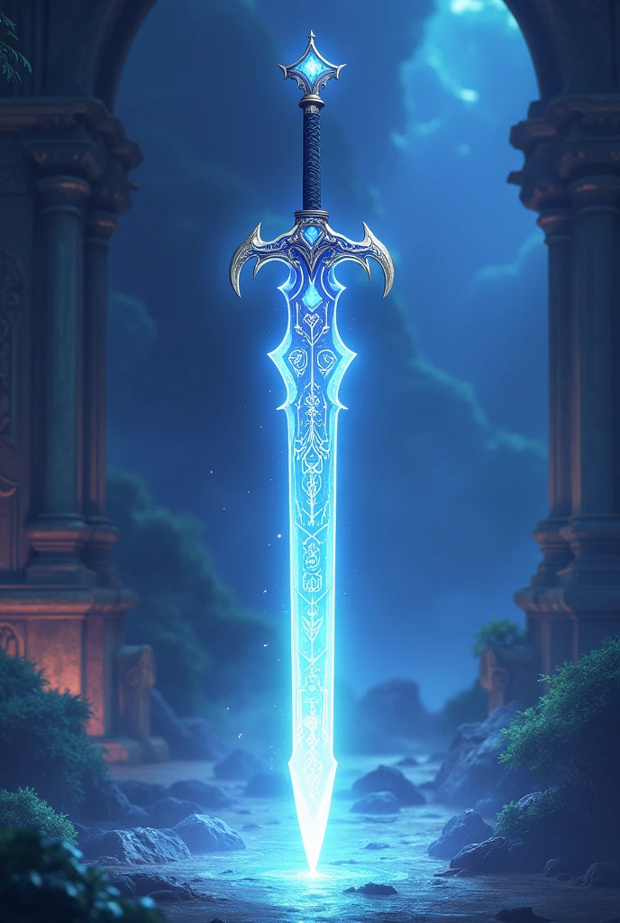 In a vibrant anime-style scene, the Translated Dream Sword glows with an ethereal light, its blade radiating a soft, otherworldly aura that hints at its mystical properties. The sword’s design is intricate, with runes and symbols etched along the blade, glowing faintly as if infused with the essence of dreams. The hilt is adorned with shimmering materials, perfectly balanced for its wielder. The sword’s presence exudes a sense of ancient power and destiny, standing out as a legendary weapon capable of altering the fabric of reality itself