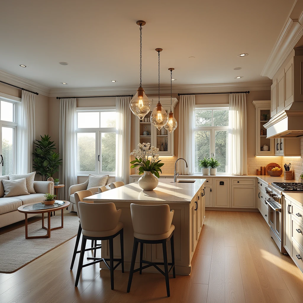 Design me a super rich and luxurious kitchen with beautiful seating areas for family and a beautiful open kitchen, a bit simpler, nicer, a bit more modern, but still beautiful.