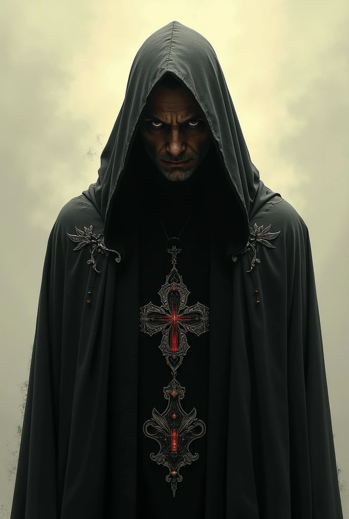 Draw Lucifer wearing priest clothes, without numbers and in black colors, offwhite, yellow and red