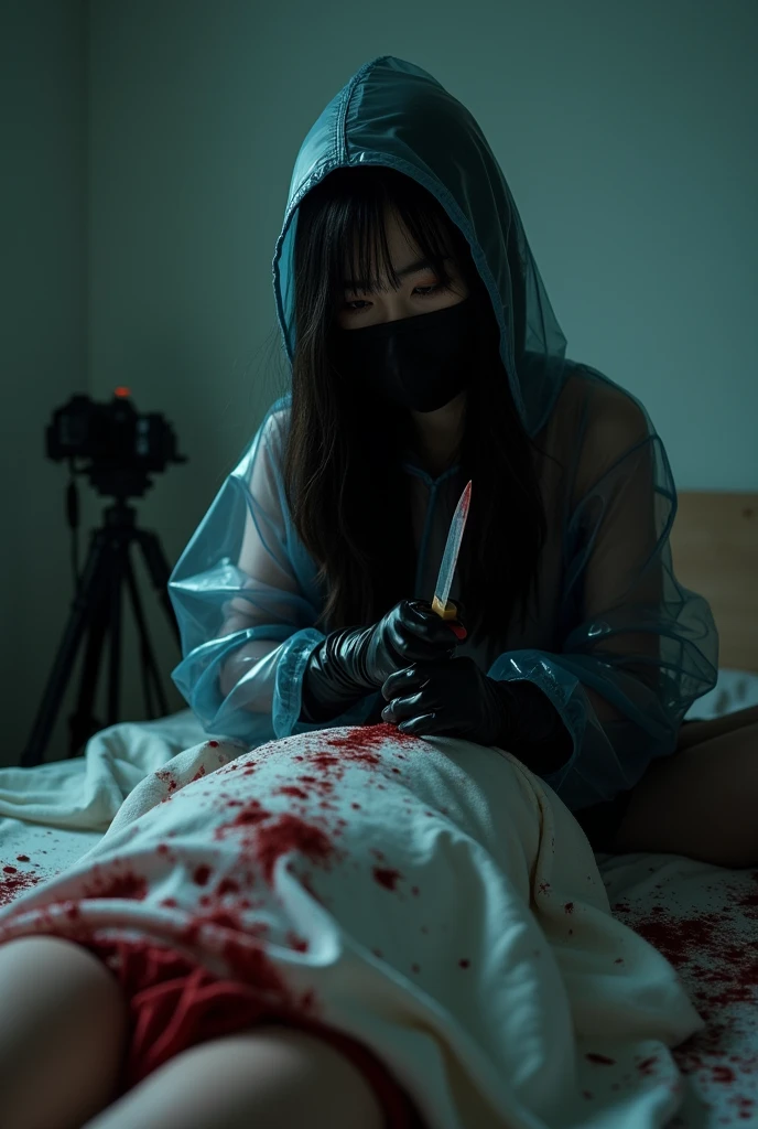 korean girl, (behind corpse, holding knife), black surgical mask, black leather gloves, room full of blood, transparent raincoat, hood up, holding knife, leather gloves, woman on top, behind corpse, blood splatter, bed room, night, mass murderer, killer, long bangs, blood splatter, dark atmosphere, cinematic lighting, atmospheric realistic, res lighting, close-up, tripod and camera in the back, shooting with camera