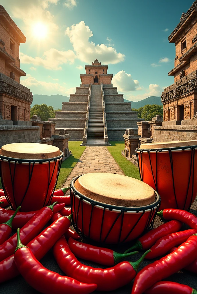 background image for a flyer of a Colombian Caribbean folk dance festival , that the image contains the temple of the sun of sogamoso boyacá, drums and red cayenne peppers