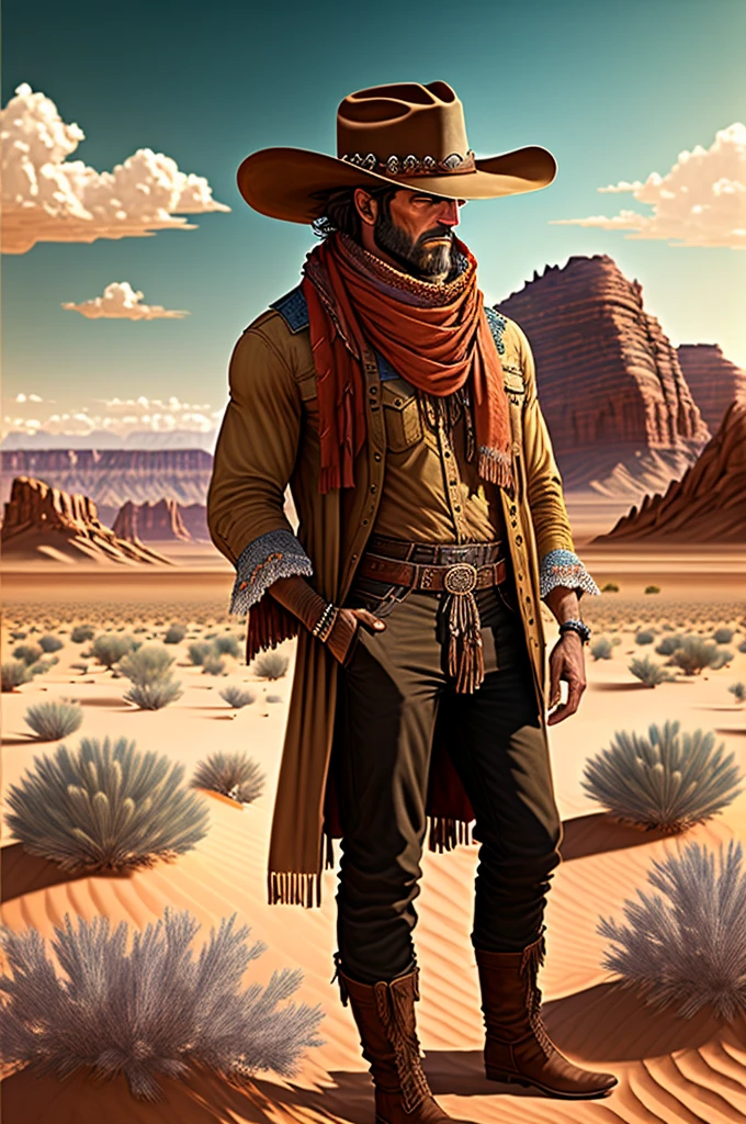 Create A MAN depicting him wearing a cowboy hat, a fringed shirt and a scarf, standing backwards . Place HIM in a desert landscape with mountains in the background and sparse vegetation,
