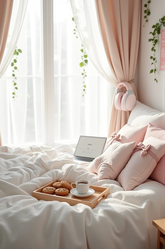 A white bedroom with a large fluffy blanket Light pink, two white pillows are placed on it, and two more pink pillows with striped bows are placed on them. The decor is Coquette style On the bed was a tray with a plate of cookies and a cup of coffee Placed on a wooden tray. The window had white curtains decorated with a light pink bow. Next to it was a laptop with a movie open and a light pink headphone. On the walls are light pink posters and some fake ivy decorations. 