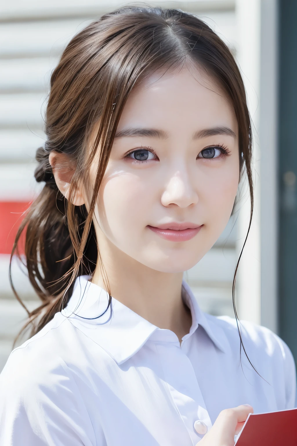 You are a professional photographer。masterpiece、8K、Highest quality, Soft Light, Ultra-high resolution, (Realistic:1.4), RAW Photos,27-year-old Japanese, alone, cute、(pupil, Light in your eyes), Beautiful face in every detail, (Small box),(High resolution detail of human skin texture)、Postman 、Wear a post office uniform、post office,(Portraiture)