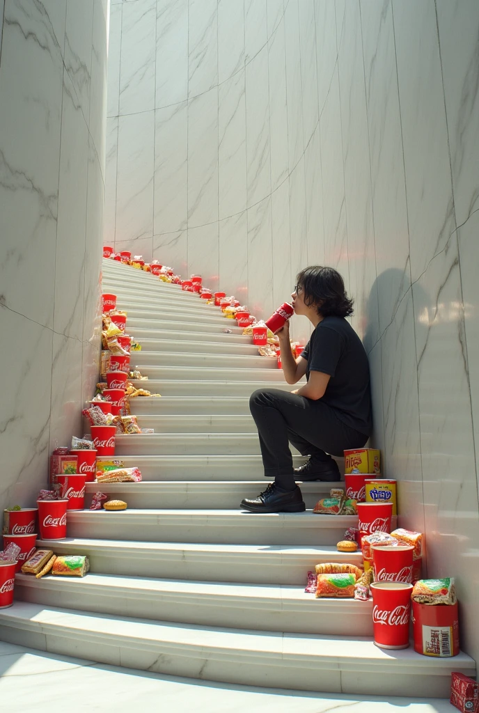 someone drinking cocacola crouched with marble steps of 50 cm each in front of them, with junk food on each, The stairs in profile perspective